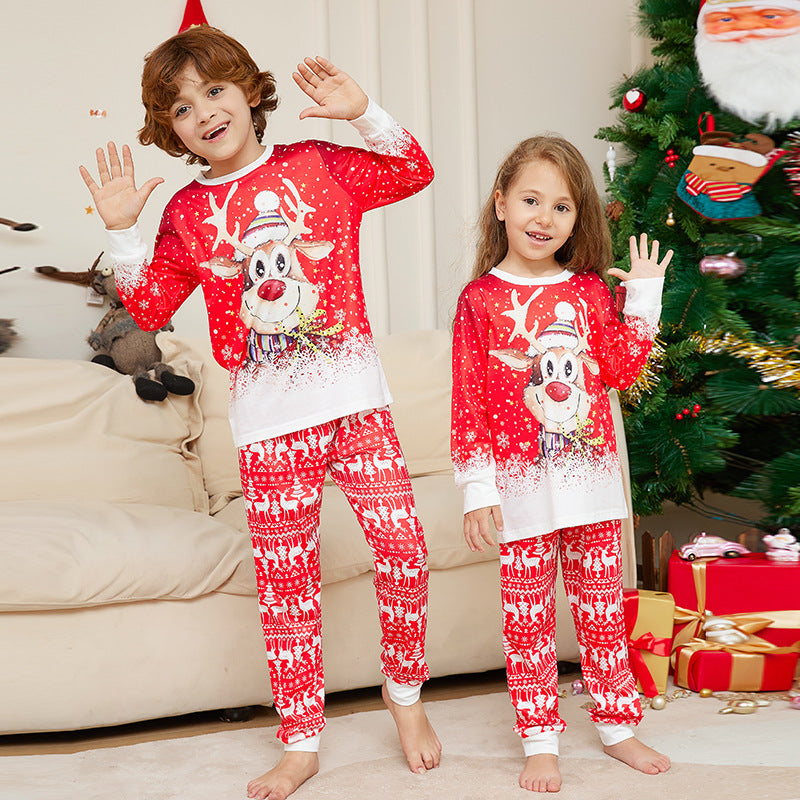 Christmas Cartoon Reindeer Print Parent-child Christmas Suit Pajamas